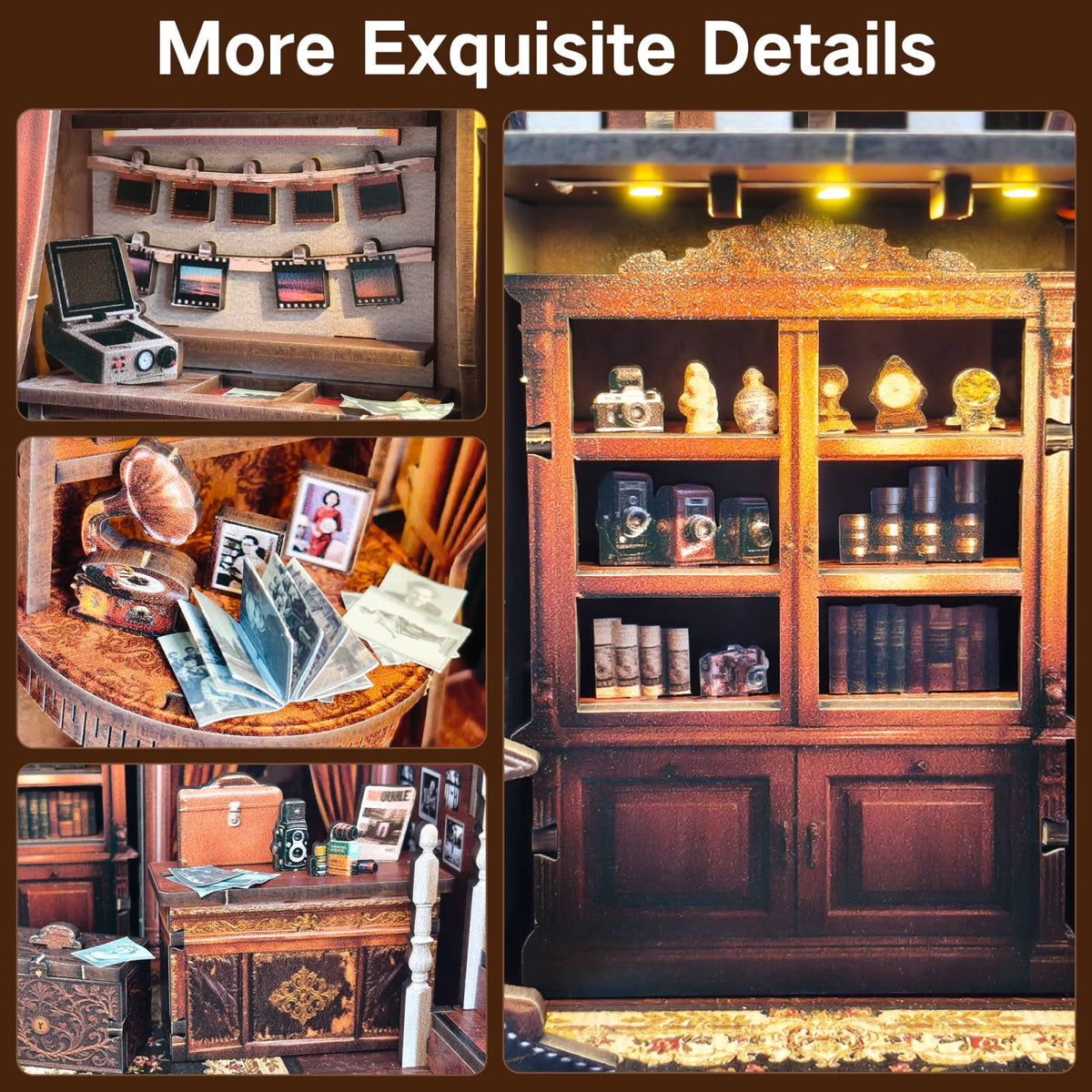 165 Piece Miniature 3D Wooden Puzzle, Vintage Photo Studio Model Kit with Touch LED Light, Desk and Shelf Display Decor, 9 Inch