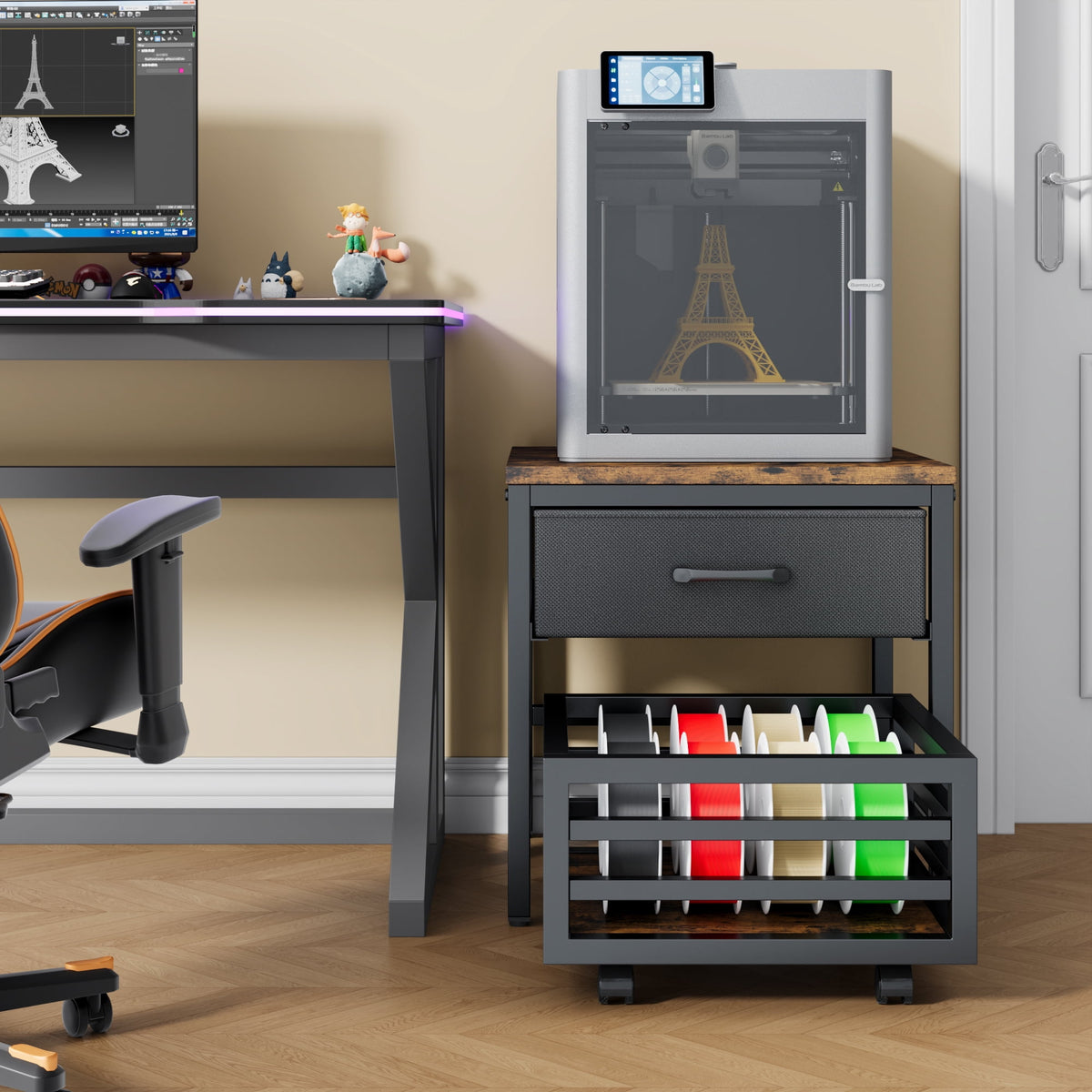 Heavy Duty 3D Printer Stand with Storage Shelf and Drawer, Industrial Rolling Printer Rack for 3D Printer Filament and Tools, Sturdy Metal Frame Printer Table for Home Office Workshop