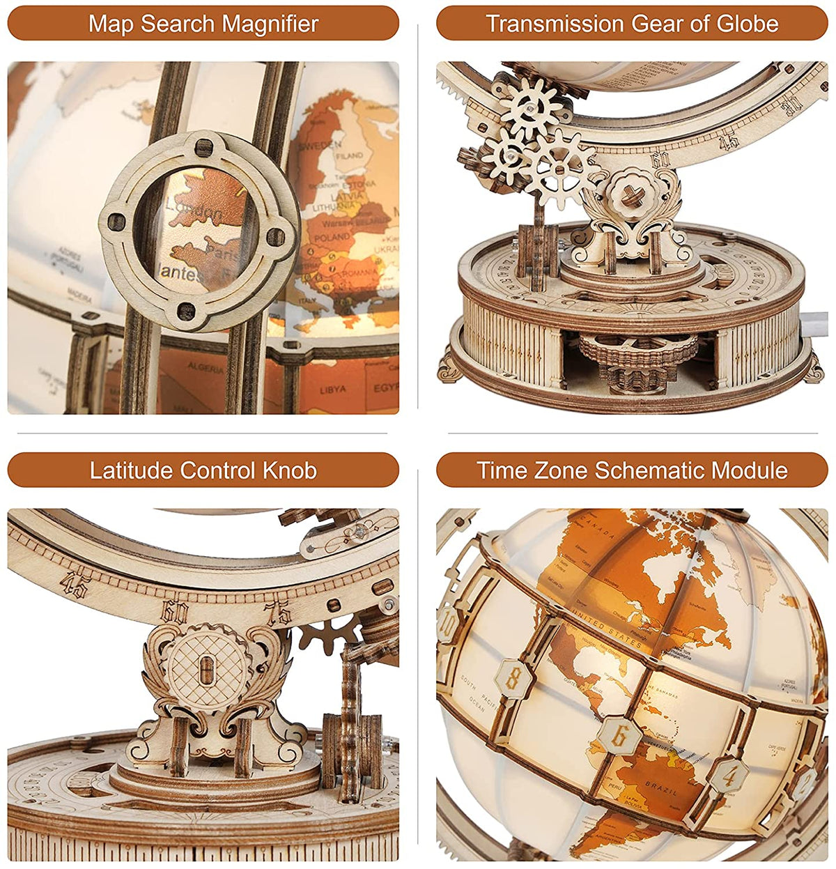 Robotime Luminous Globe Wood 3D Puzzle with Night Light, Creative Gift for Adults & Teens 14+, 180 Pieces