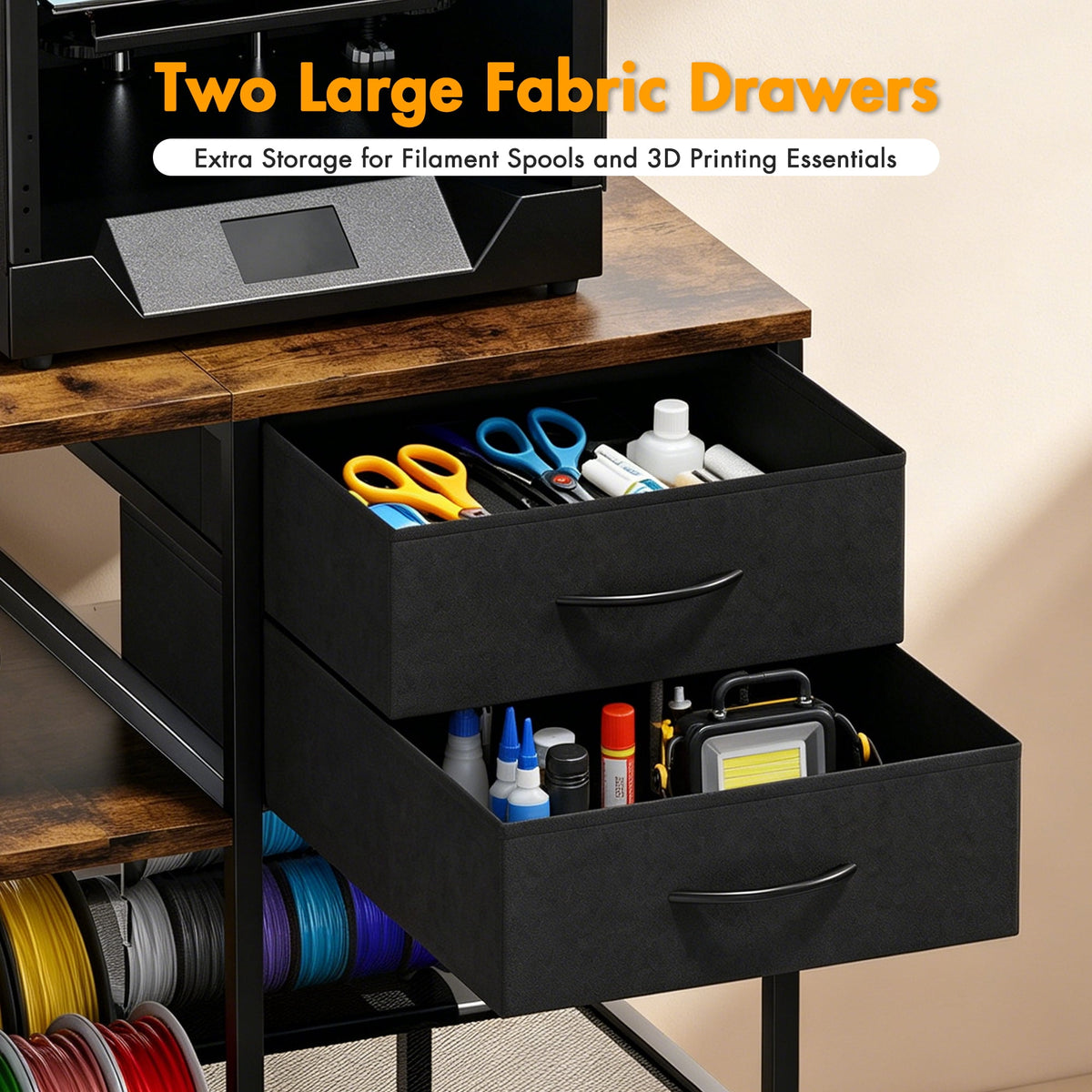 Advwin 47" Heavy Duty 3D Printer Stand with Power Outlet, Pull-Out Rolling Filament Storage Rack, 2 Fabric Drawers & Open Shelves, 3D Printer Table Workstation for Home Office Studio, Black