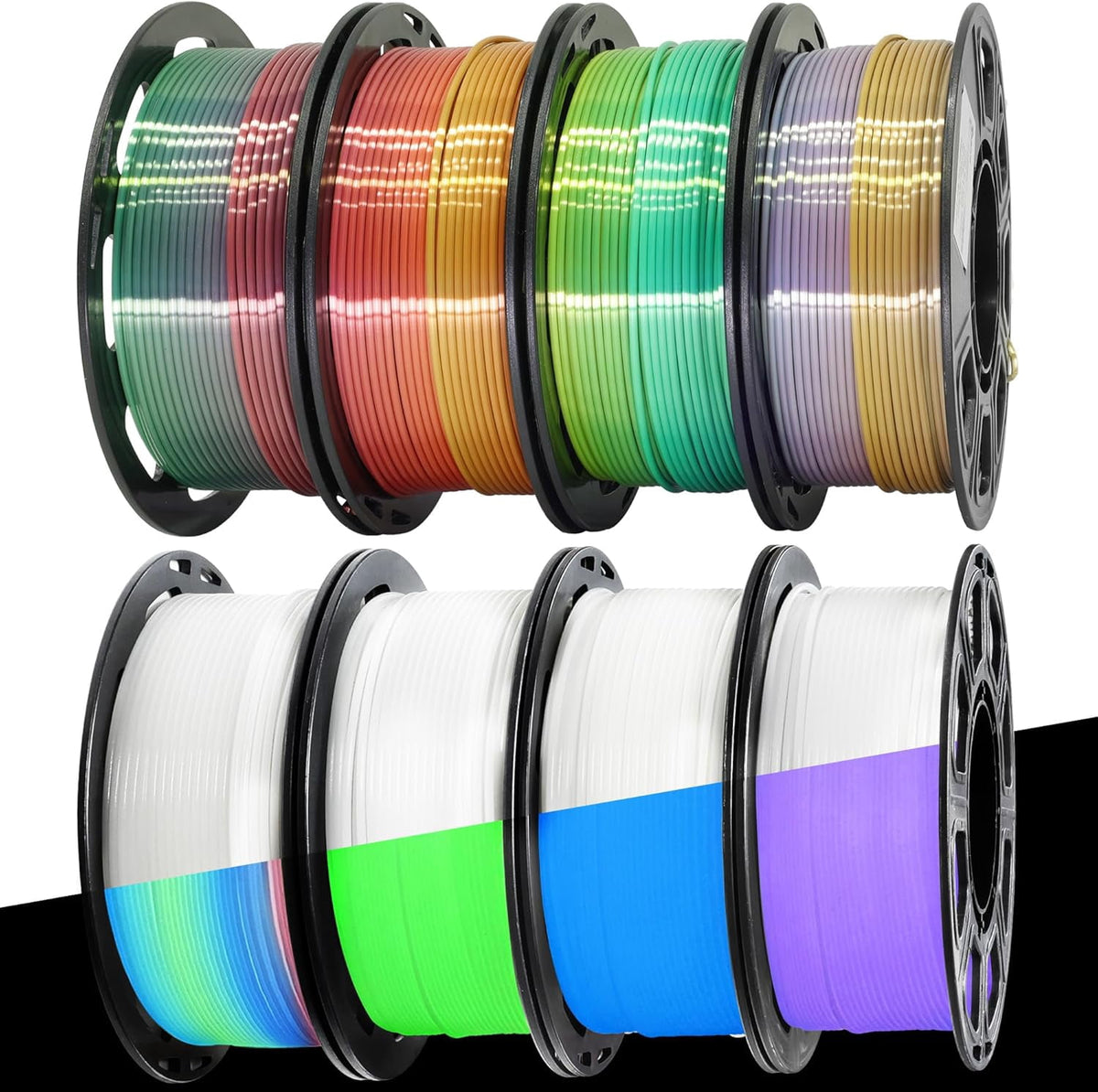 8 Spools Different Popular Colors 3D Printing Filament PLA Bundle, 1.75mm 4 Different Silk Rainbow PLA, 4 Different Glow in Dark PLA, Total 8 Spools Packed, 0.25kg/Spool, Total 2kg