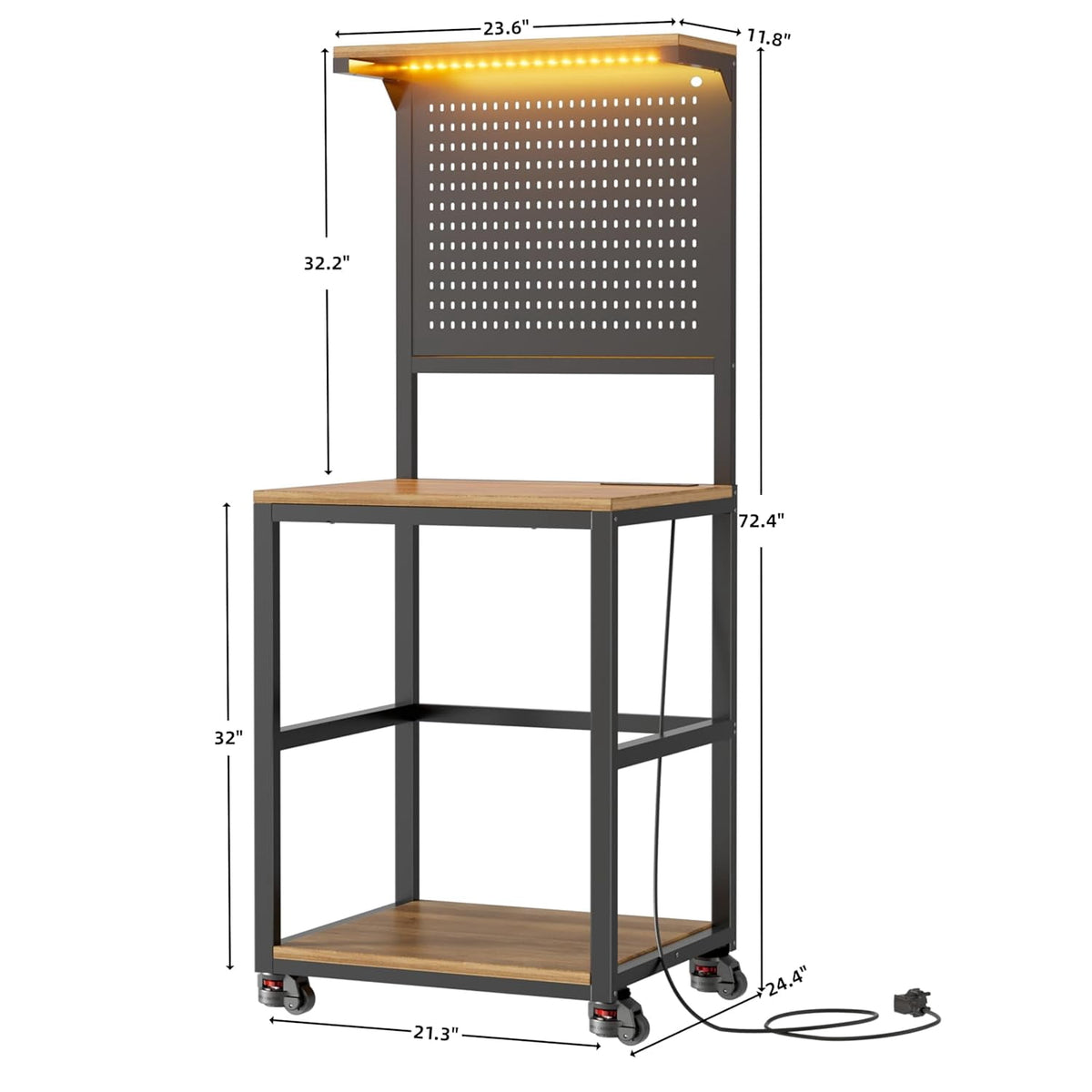 PakaLife 39.4"W 3D Printer Stand with Filament Storage, LED Lights and Charging Station, Spools Holder Racks, for Workshop/Office/Garage, Brown