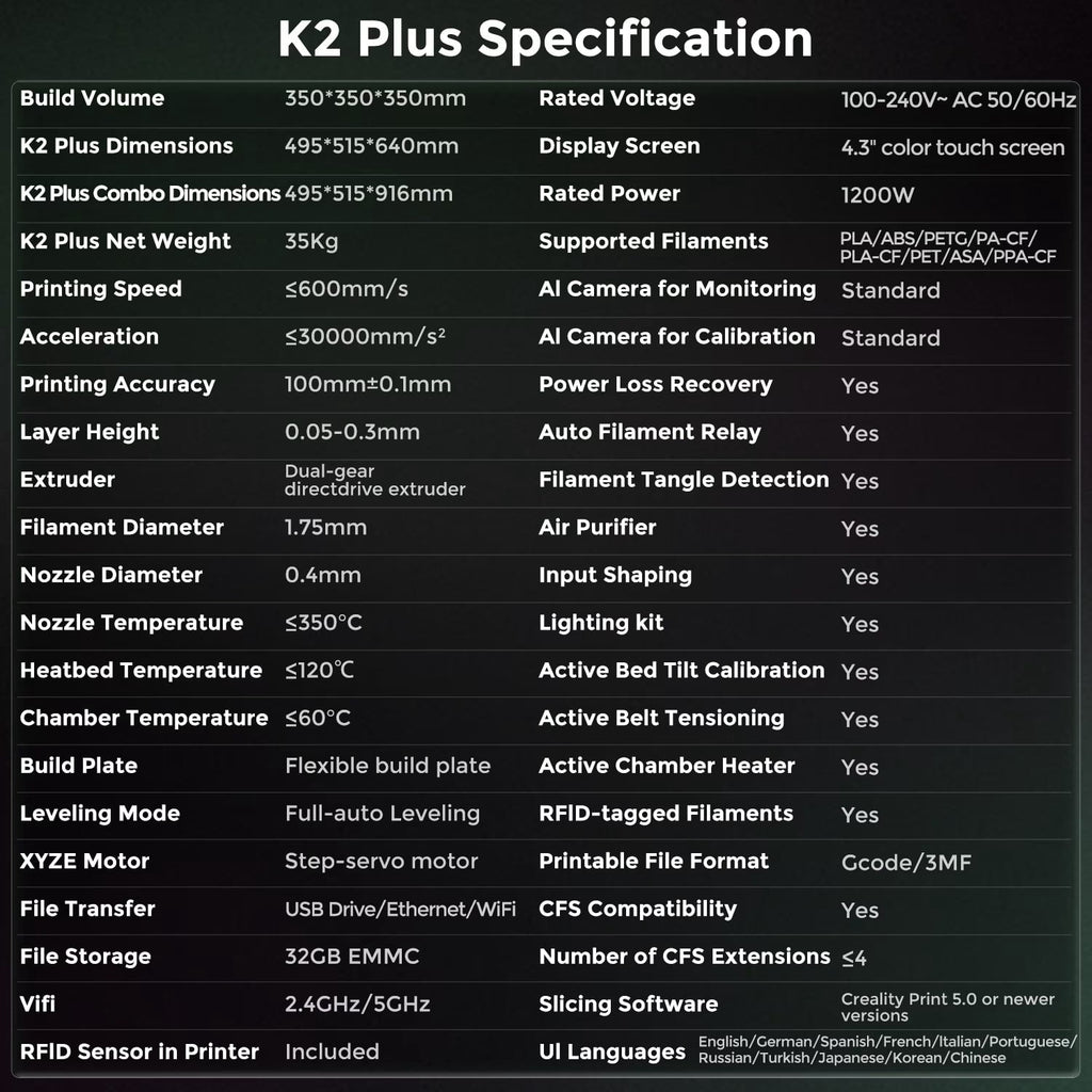 Creality K2 Combo 3D Printer, Multicolor Printing with CFS, 600mm/s Printing Speed, 95% Pre-Assemble