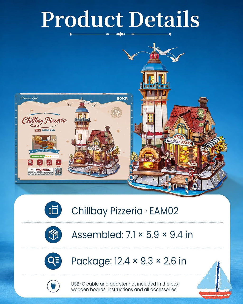 ROKR Chillbay Pizzeria DIY Music Box, Mechanical 3D Wooden Puzzle with Rotating Parts and LED Lights, Pizza Shop Model for Adults