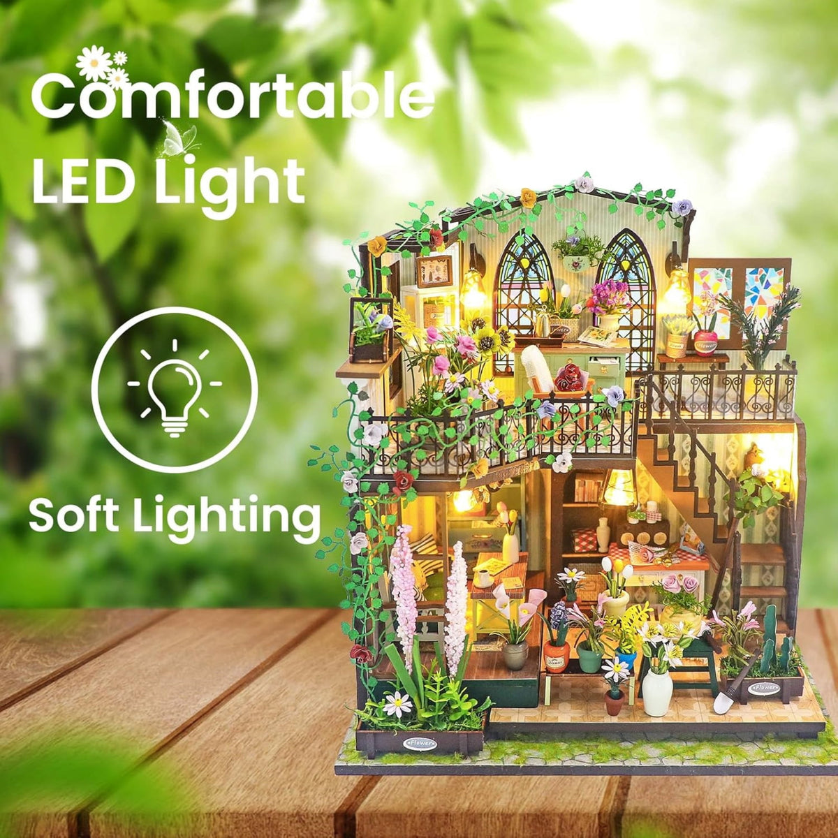 Book Nook Kit, Miniature Garden House 3D Wooden Puzzle with LED Light and Furniture, Bookshelf Decor Craft Gift for Adults