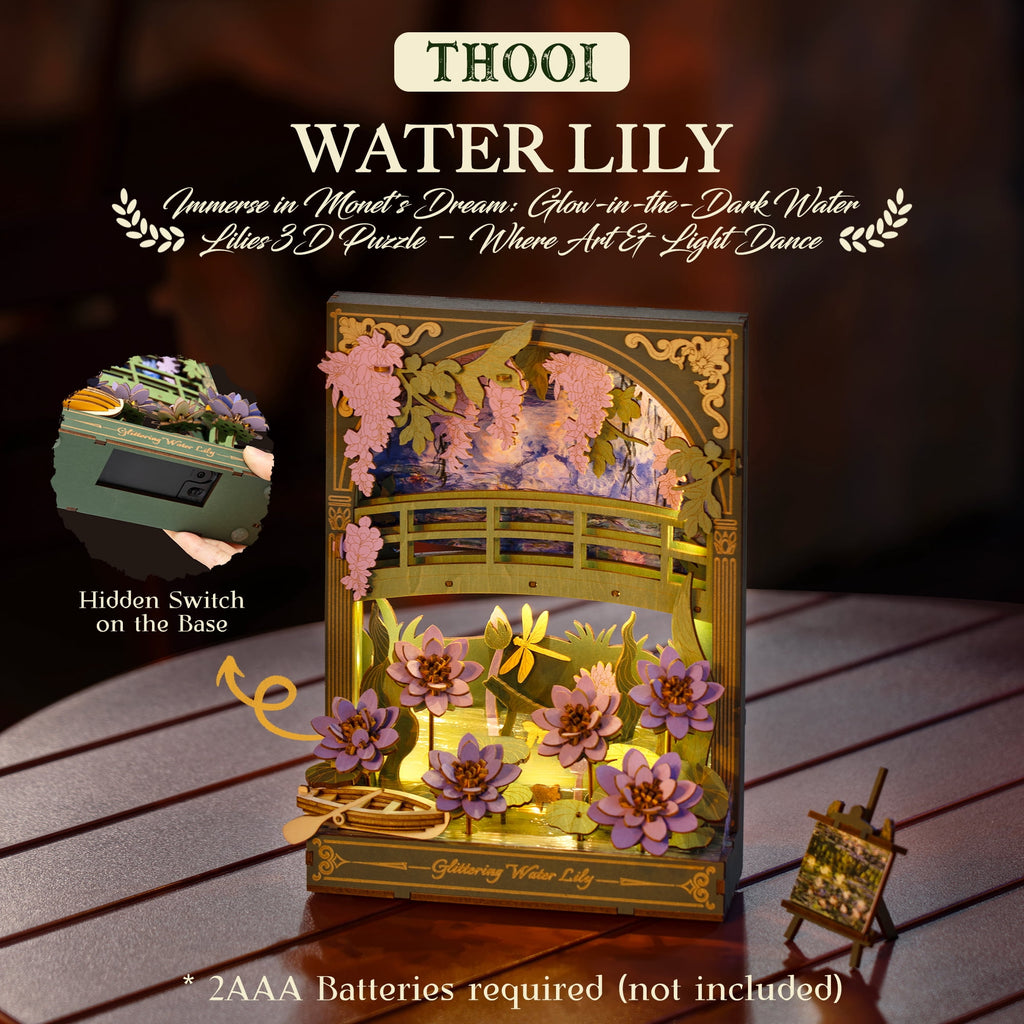 ROBOTIME Water Lily 3D Puzzle Building Set with LED, Wooden Flower Model Craft Kits for Adults to Build, Hangable DIY Construction Art Painting Wall Decor, Gifts for Adults Teens