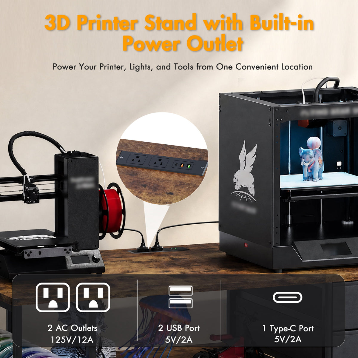 Advwin 47" Heavy Duty 3D Printer Stand with Power Outlet, Pull-Out Rolling Filament Storage Rack, 2 Fabric Drawers & Open Shelves, 3D Printer Table Workstation for Home Office Studio, Black