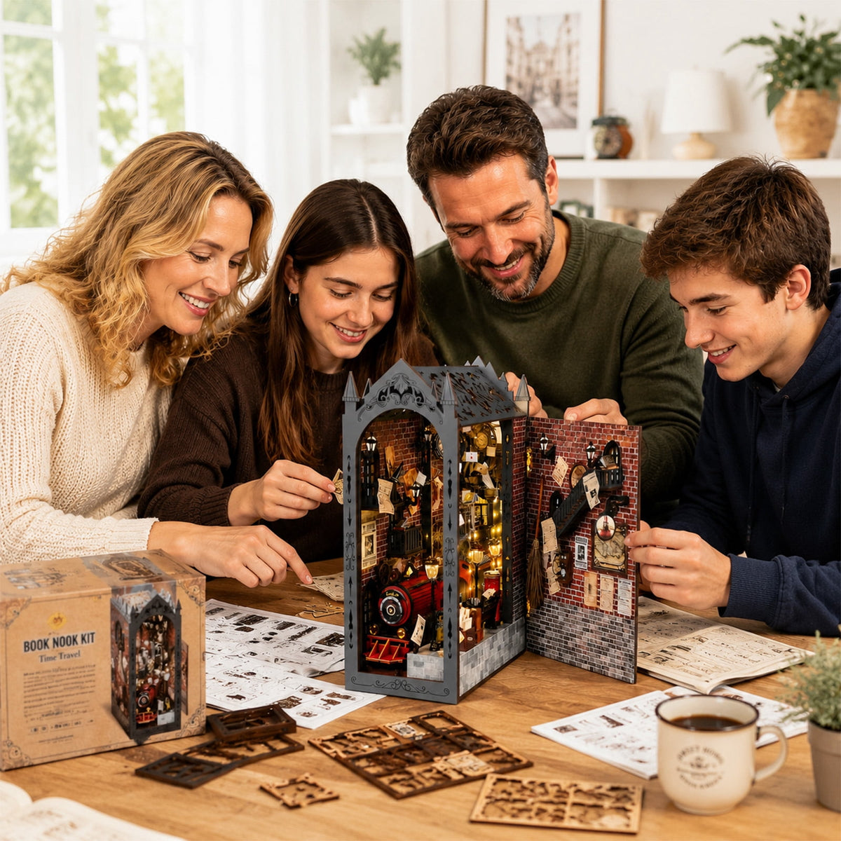 MOJINO DIY Book Nook Kit with LED Light, Train Station Miniature House Kit, 3D Wooden Puzzle Bookshelf Insert Bookend, DIY Dollhouse Book Nook Decor for Adults and Teens
