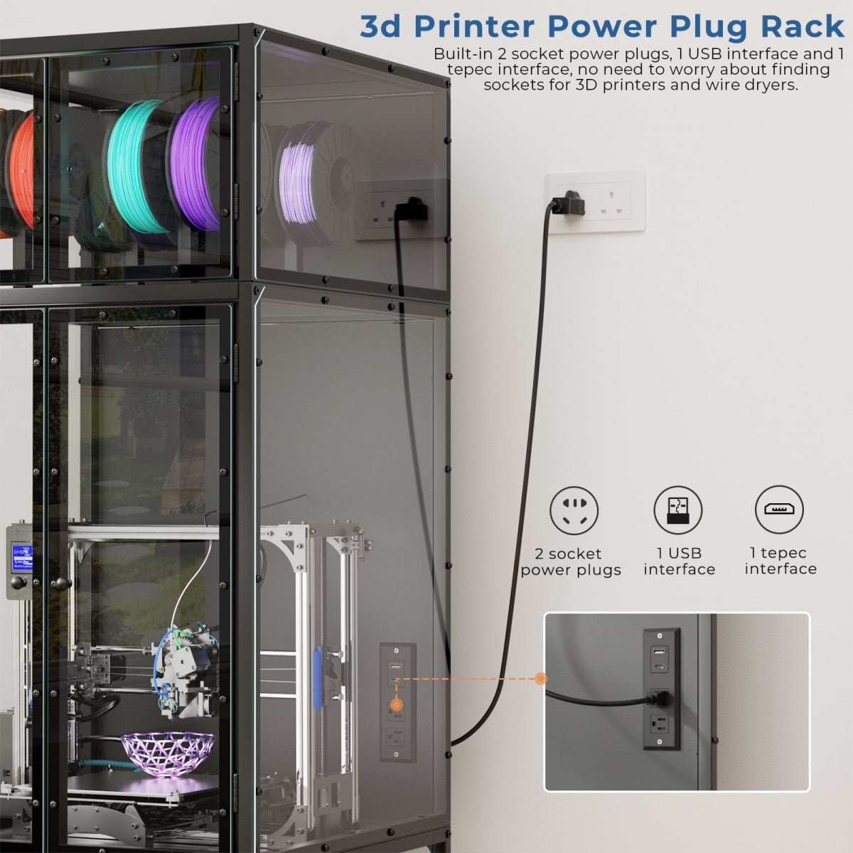YANGXUN 3D Printer Stand with Filament Storage Built in Power Panel Open Frame Heavy Duty Metal Workstation for Home and Office