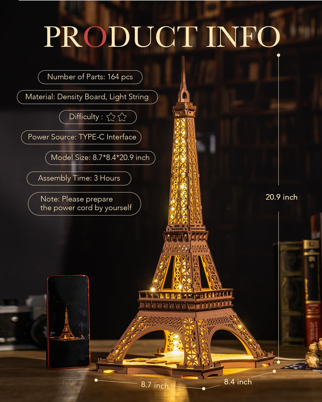Robotime 3D Wooden Puzzle with Lights - Night of the Eiffel Tower, Architectural Craft Kit for Construction - Teens and Adults