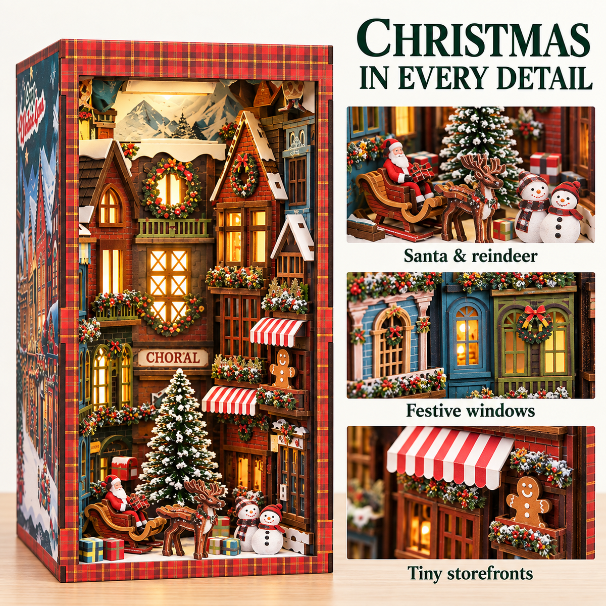 MOJINO Christmas Book Nook Kit, 3D Wooden Puzzle Bookshelf Insert Decor with LED Light, DIY Miniature Model Kit Gifts for Ages 14+