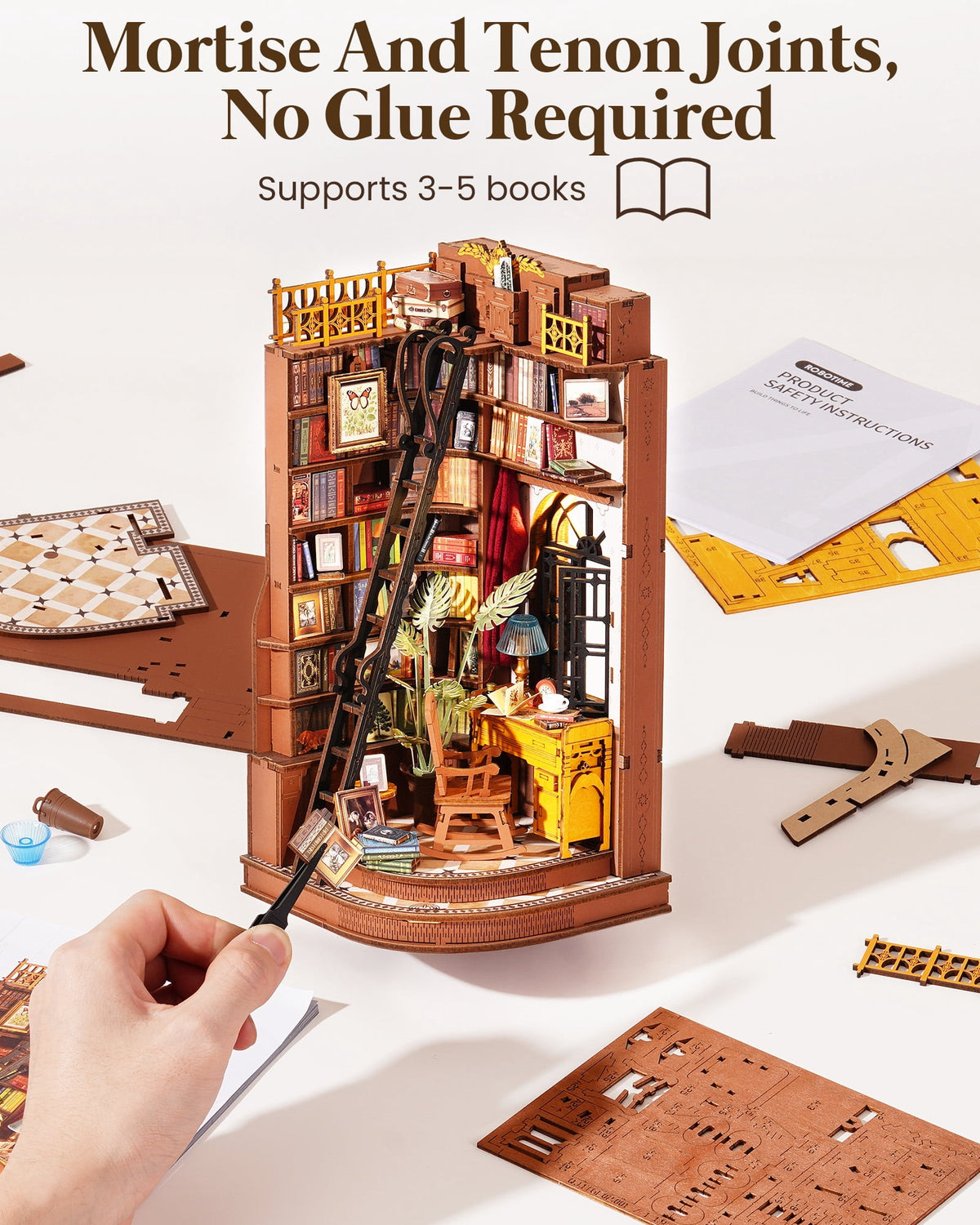 Robotime 3D Puzzle Book Nook Kit, Diy Wooden Miniature House with LED Light, Silent Corner Study