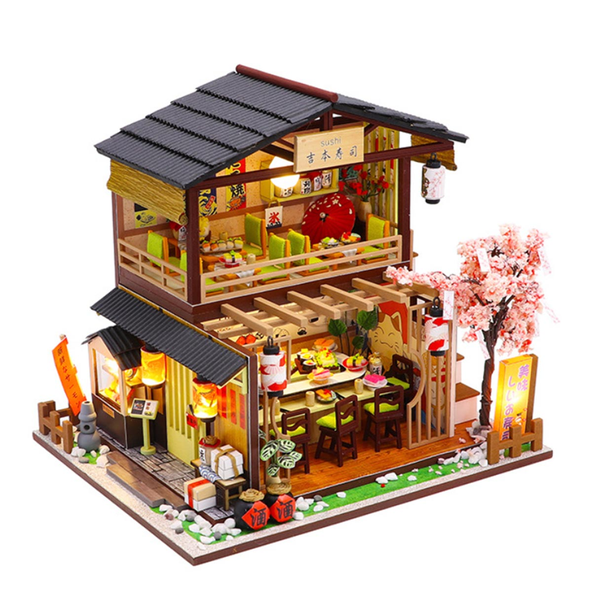 DIY Vintage Japanese Sushi Shop 3D Wooden Building Model Kit, 200+ PCS Miniature House Puzzle, Creative Handcrafted Display Gift for Adults