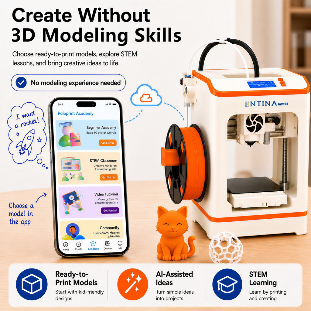 Entina 3D Printer Tina2C, Auto Leveling App Control Quiet for Kids Beginners STEM DIY