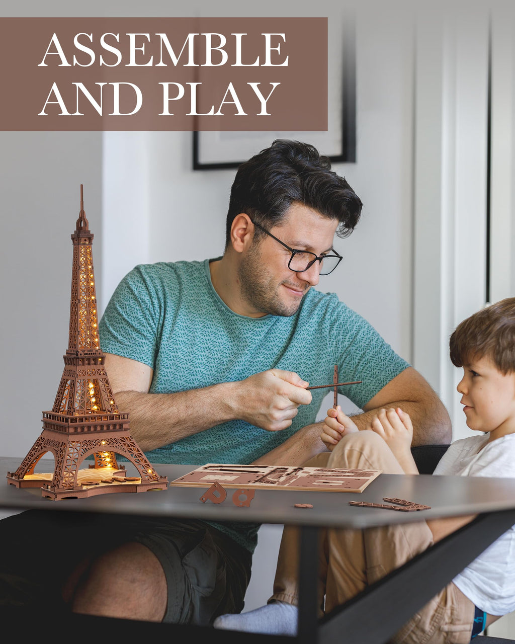 Robotime 3D Wooden Puzzle with Lights - Night of the Eiffel Tower, Architectural Craft Kit for Construction - Teens and Adults
