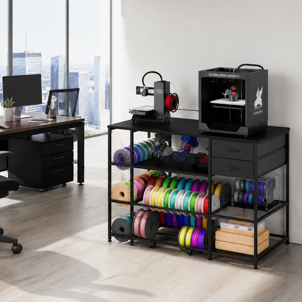 Advwin 47" Heavy Duty 3D Printer Stand with Power Outlet, Pull-Out Rolling Filament Storage Rack, 2 Fabric Drawers & Open Shelves, 3D Printer Table Workstation for Home Office Studio, Black