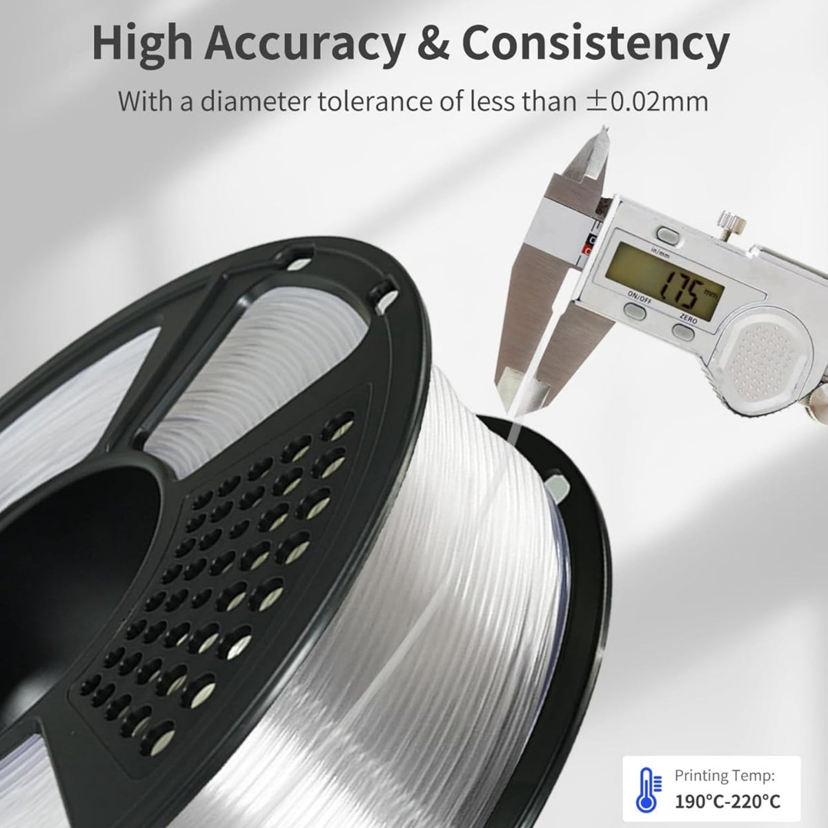 ouhos PLA 3D Printer Filament, 1.75 mm 1 kg, High Transparency, ±0.02 mm Accuracy, Neatly Wound, For Most FDM 3D Printers