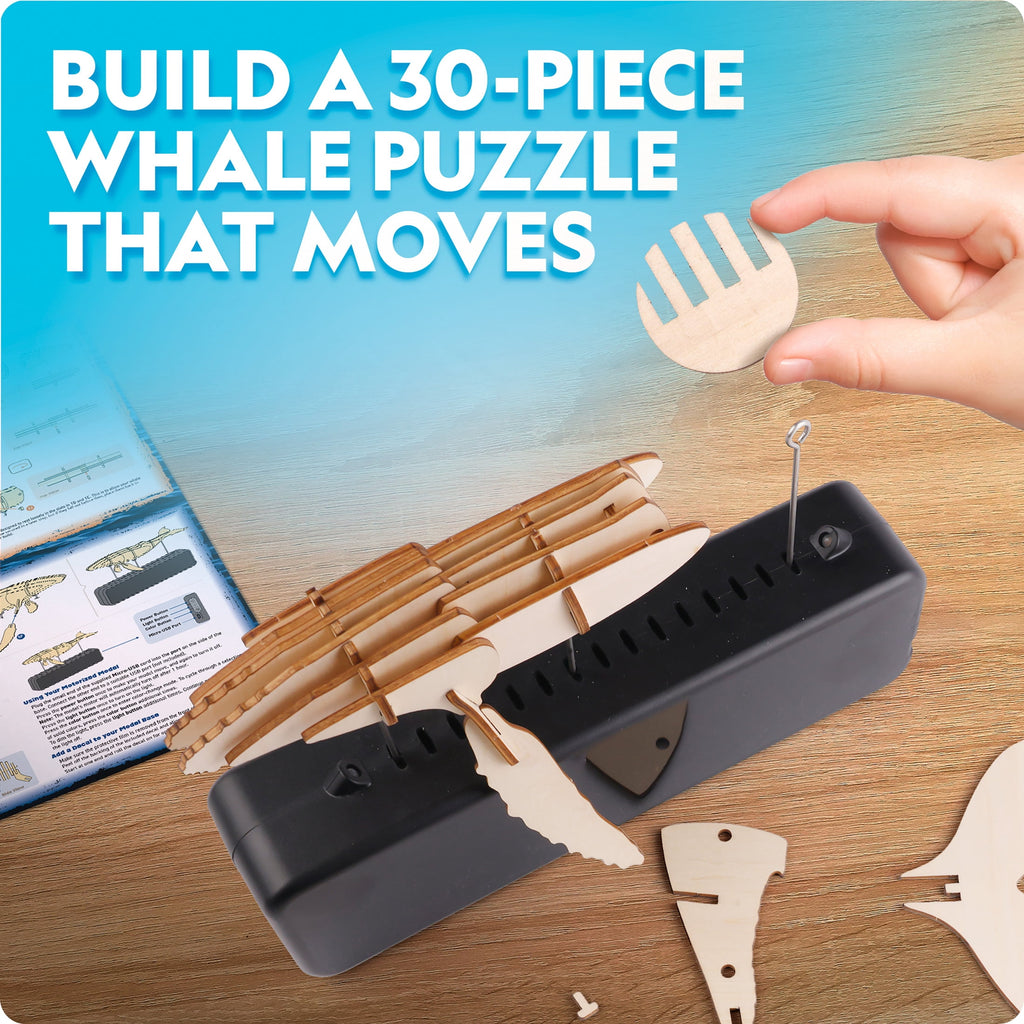 National Geographic Motorized Whale 3D Puzzle – 32-Piece Wooden Model Kit with Light-Up Display Base and Whale Facts, Moving Whale STEM Activity for Kids
