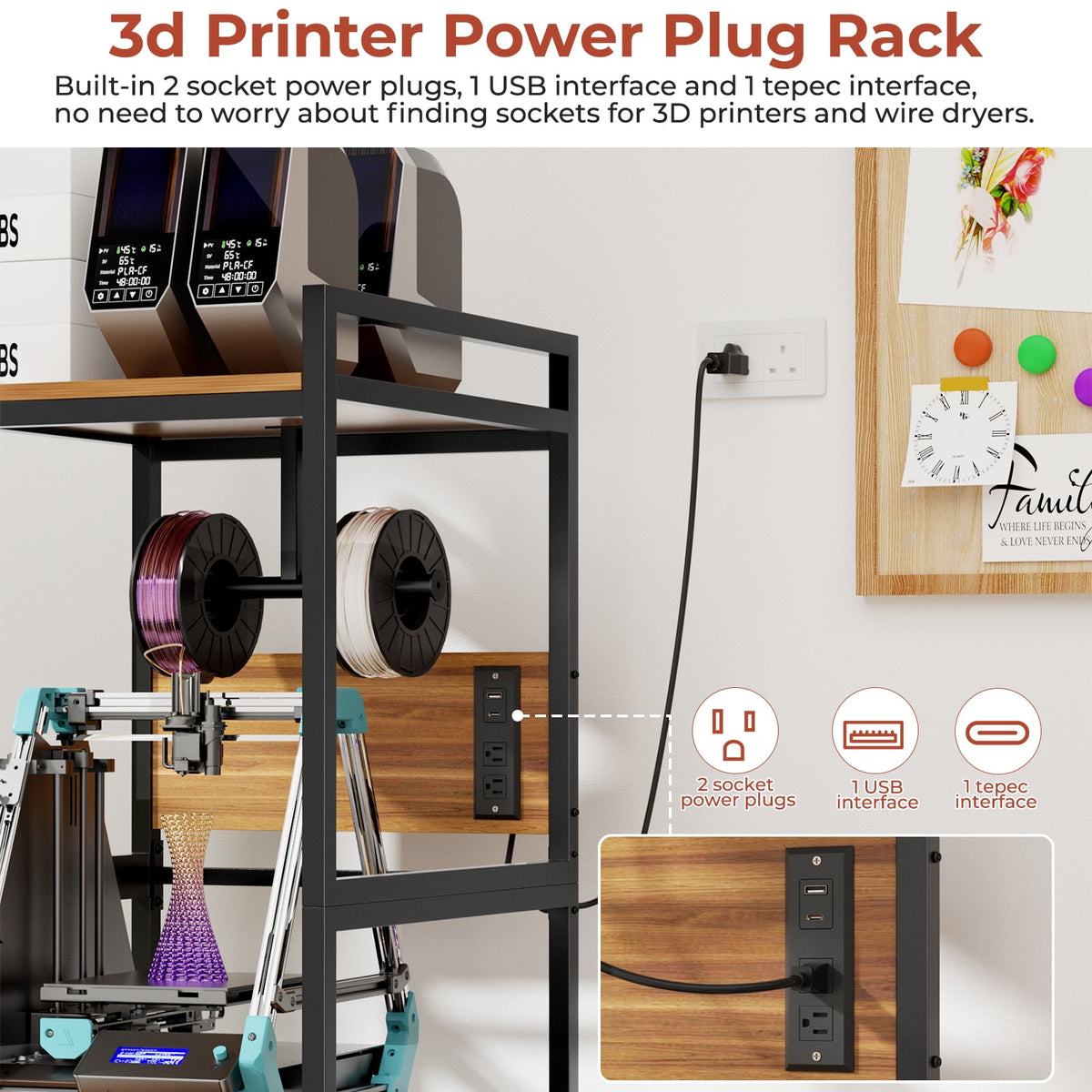 HAOMINS 3D Printer Stand, Heavy Duty Metal 3D Printer Rack with Filament Holder Storage Shelves Built-in Power Panel for Home, Office, 3D Printing Studio