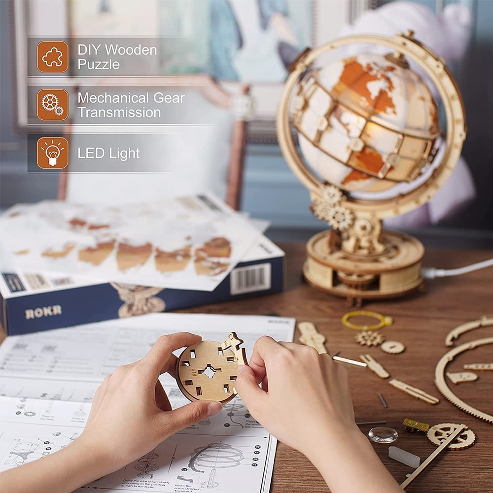 ROKR 6" World Luminous Globe 180 Pieces 3D Wooden Puzzle Model-Self Assembled Tellurion Building Toys
