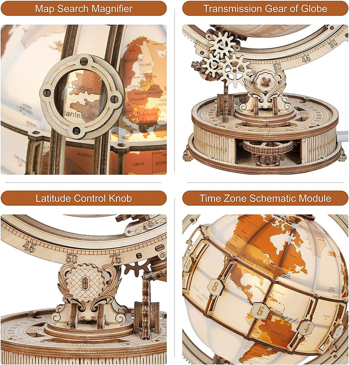 ROKR 6" World Luminous Globe 180 Pieces 3D Wooden Puzzle Model-Self Assembled Tellurion Building Toys