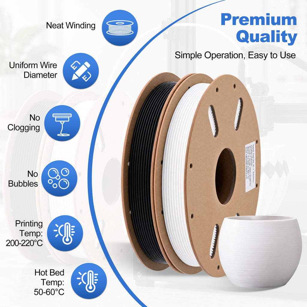 2 Rolls 3D PLA Printer Filament, 1.75mm PLA Filament 500g Spool Bundle for Most 3D FDM Printer(Black and White)