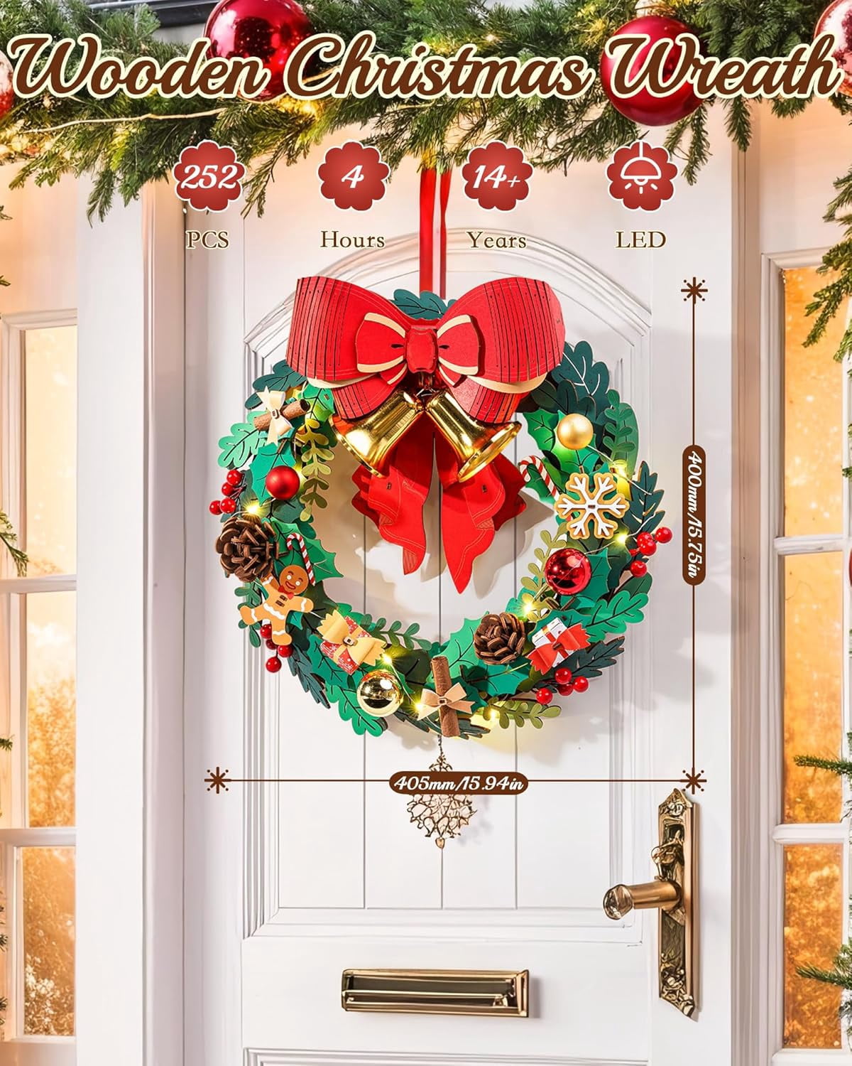 Rolife Christmas Wreath 3D Wooden Puzzle, DIY Holiday Decor with Red Bow, Pine Cones, Berries & Bells, Hanging Ornament for Door Window Fireplace, Creative Gift for Adults Family