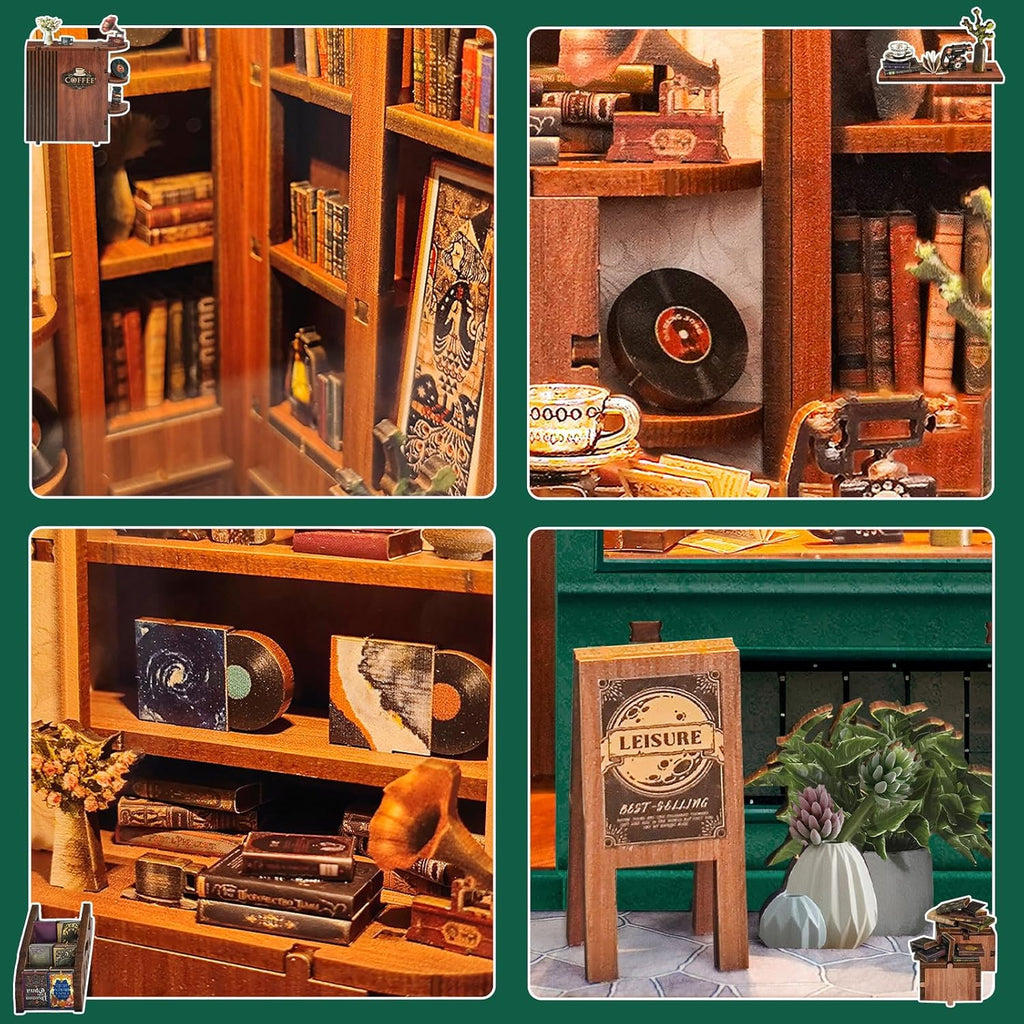 Book Nook Kit, DIY Miniature Dollhouse Kit, 3D Wooden Puzzle for Adult and Teens, Booknook Bookshelf Decor Craft with LED Light, Gifts for Women Teens and Puzzle Lovers