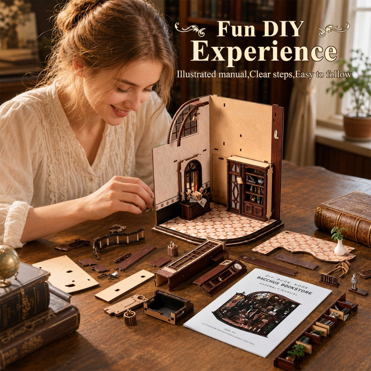MOJINO Bacchus Bookstore Book Nook Kit for Adults, DIY Miniature House Kit with LED Light, 3D Wooden Puzzle Bookshelf Decor, Vintage Craft Kit