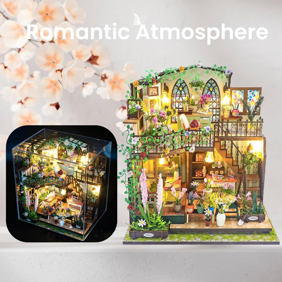 Book Nook Kit, Miniature Garden House 3D Wooden Puzzle with LED Light and Furniture, Bookshelf Decor Craft Gift for Adults