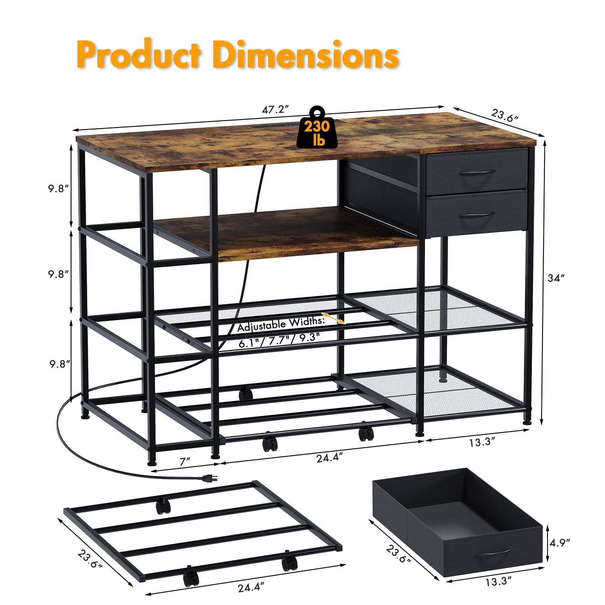 Advwin 47" Heavy Duty 3D Printer Stand with Power Outlet, Pull-Out Rolling Filament Storage Rack, 2 Fabric Drawers & Open Shelves, 3D Printer Table Workstation for Home Office Studio, Black
