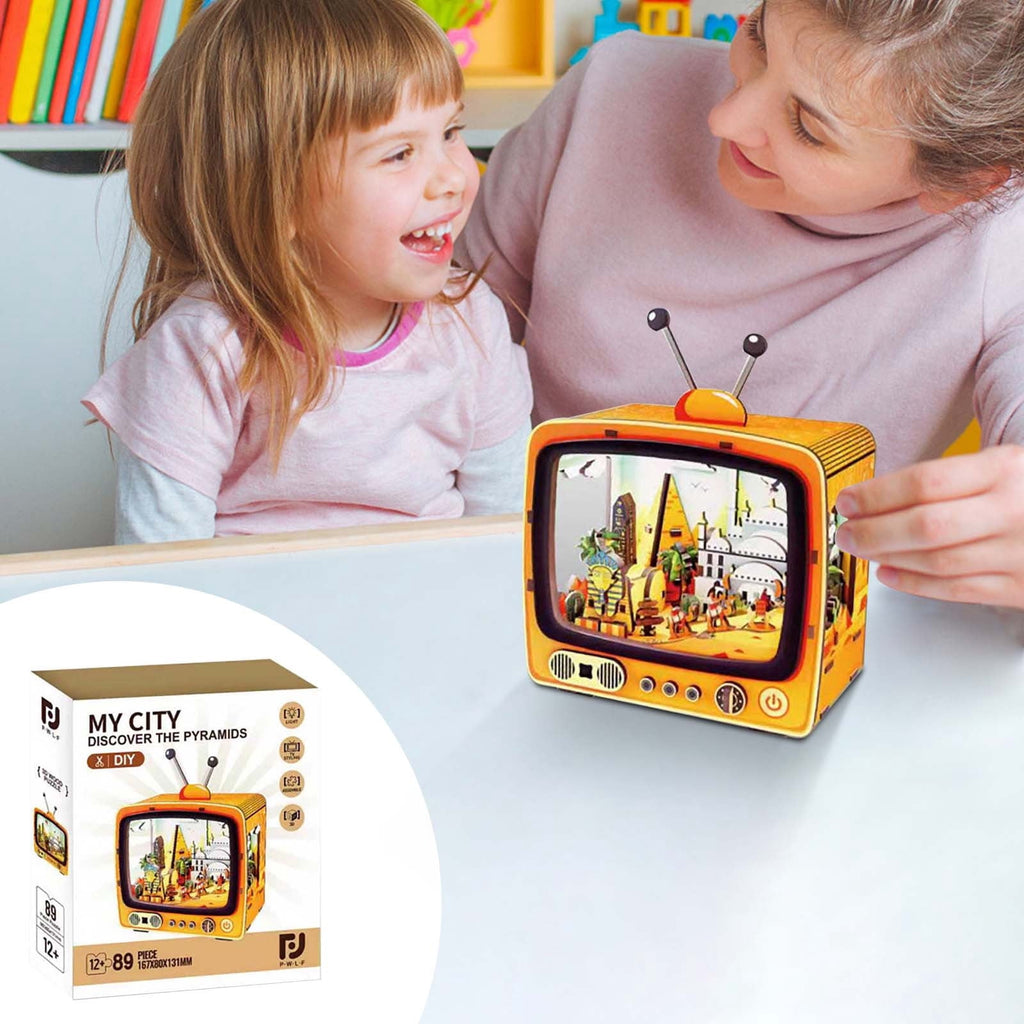 Yardvibe CityVision 3D Wooden Building Puzzle, TV-Shaped 3D Wooden Puzzle with LED Lights & Street View Inside, DIY Craft Model Kit for Adults, Elegant Home Decor & Creative Gift (Japan)