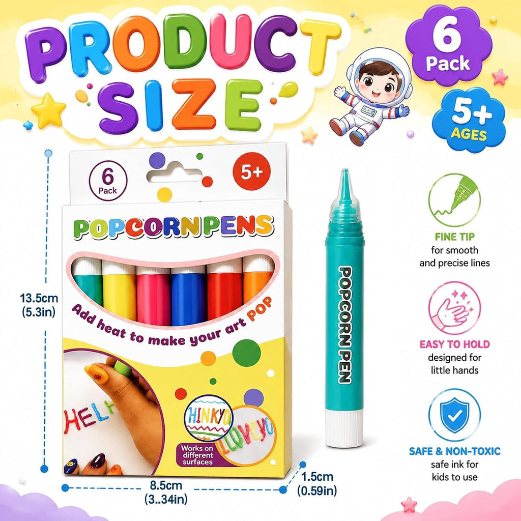 Puffy Popcorn Pens 3D Art,DIY Bubble Popcorn Drawing Pen with 6 Colors,Dries with Fun Texture for Drawing Coloring Crafts Art Projects and Classroom