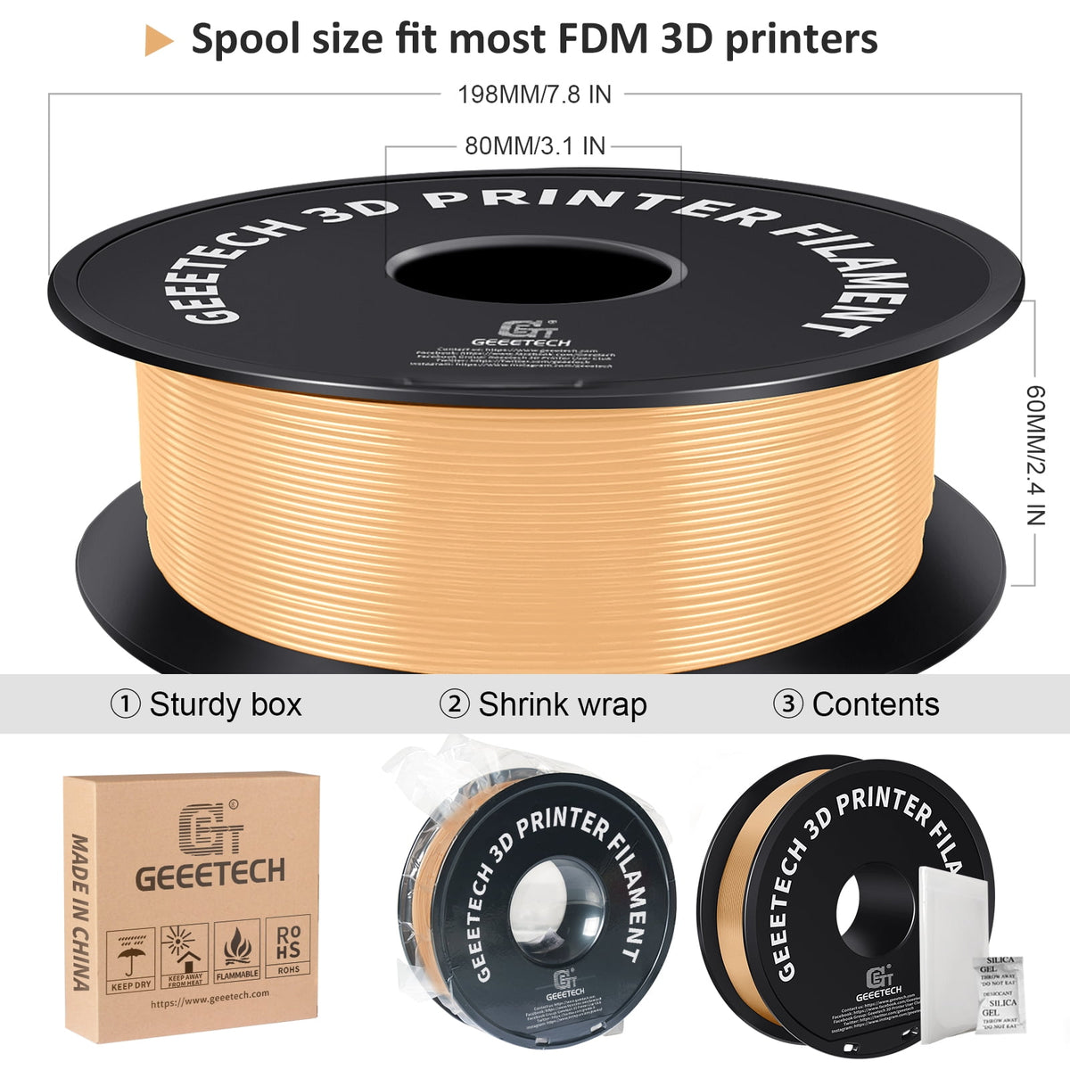 Geeetech 3D Printer PLA Filament Shiny Silk Gold Toughness Enhanced Filament with 1.75mm Dimensional Accuracy +/-0.03mm, 1080 Feet Per Roll, Vacuum Packaging, for Most 3D FDM Printer