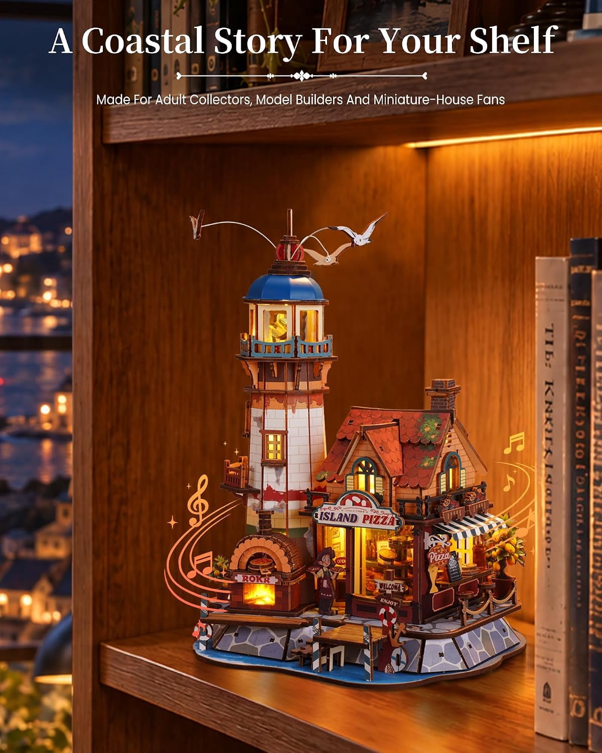 ROKR Chillbay Pizzeria DIY Music Box, Mechanical 3D Wooden Puzzle with Rotating Parts and LED Lights, Pizza Shop Model for Adults