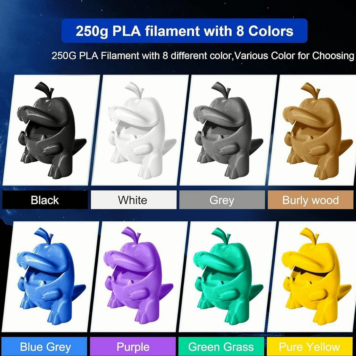 PLA 3D Printer Filament Bundle, 8 Spools 250g Each 2kg Total, 1.75mm Multicolor Black White Grey Red Blue Orange Green Transparent, Vacuum Packed, 3D Printing Filament Refill for 3D Pens and Printers