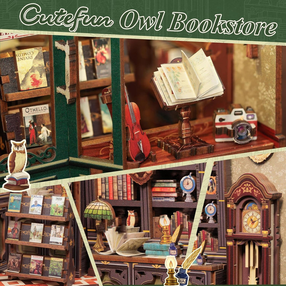 Book Nook Kit, 3D Wooden Mini Book House Puzzle, Handmade DIY Owl Bookstore, Miniature Landscape Bookend