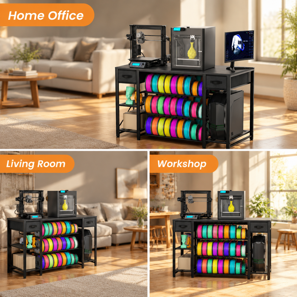 Rectangular Brown Heavy Duty Metal 3D Printer Table with Storage Drawer and Power Hub