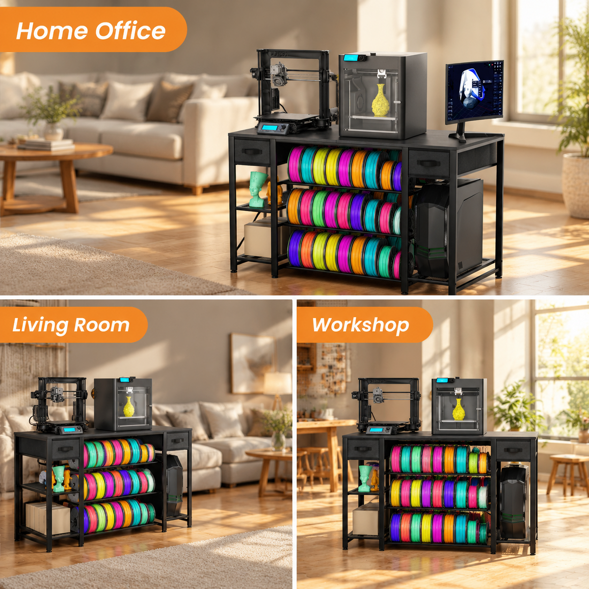 Rectangular Brown Heavy Duty Metal 3D Printer Table with Storage Drawer and Power Hub