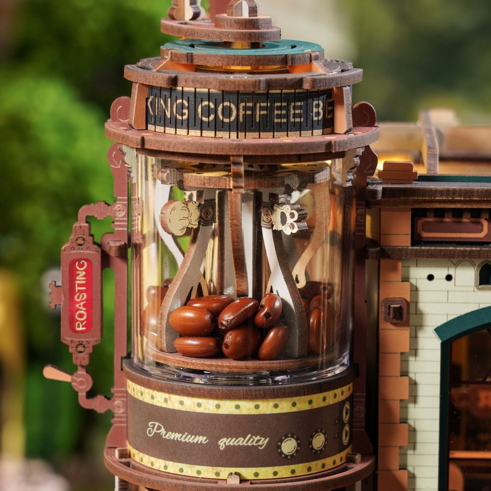 ROKR Dream Coffee Factory Music Box Wooden 3D Puzzle for Adult, LED Lights & Music Building Mechanical Model Kits Home Decor Xmas Gift