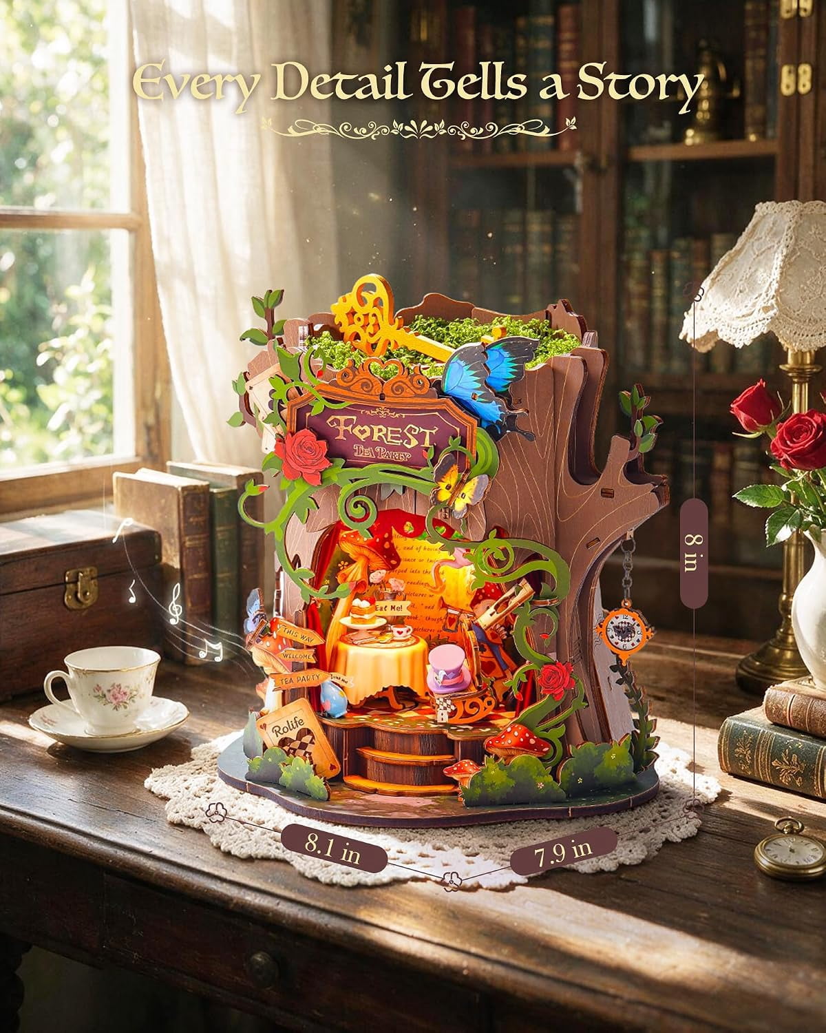 Rolife Forest Tea Party DIY Music Box, 3D Wooden Puzzle with Moving Table and Chair, Forest Tea Party Scene Decor for Adults