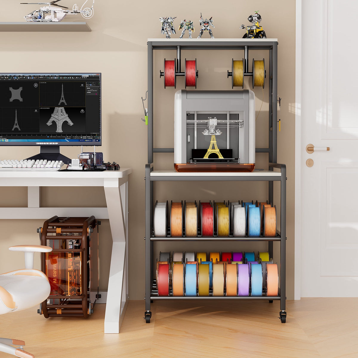 Heavy Duty 3D Printer Stand with Storage Shelf and Drawer, Industrial Rolling Printer Rack for 3D Printer Filament and Tools, Sturdy Metal Frame Printer Table for Home Office Workshop