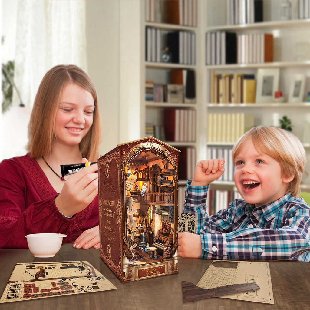 Strucwood DIY Book Nook Kit Magic World Wooden Puzzles with LED Dust Cover,3D Crafts Hobbies Gifts for Handicraft Enthusiasts（SQ-14）