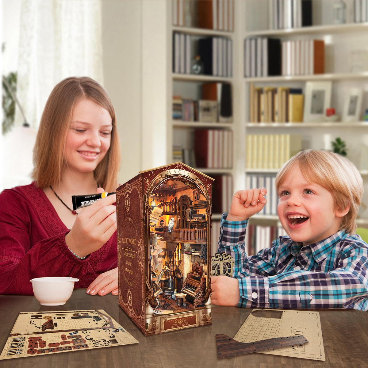 Strucwood DIY Book Nook Kit Magic World Wooden Puzzles with LED Dust Cover,3D Crafts Hobbies Gifts for Handicraft Enthusiasts（SQ-14）