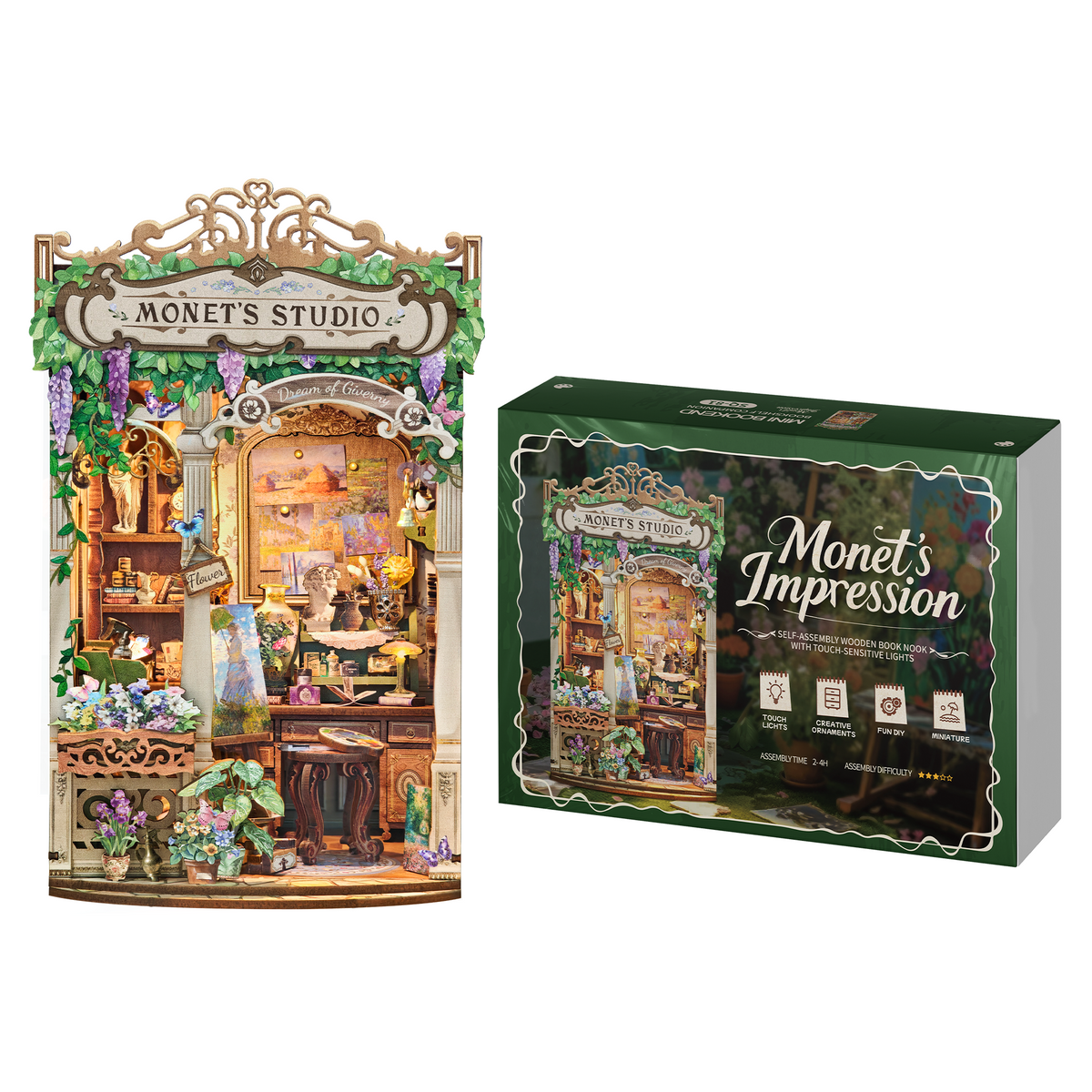 Strucwood DIY Book Nook Kit Monet's Impression Wooden Puzzles with LED Dust Cover,3D Crafts Hobbies Gifts for Adults（SQ-81）