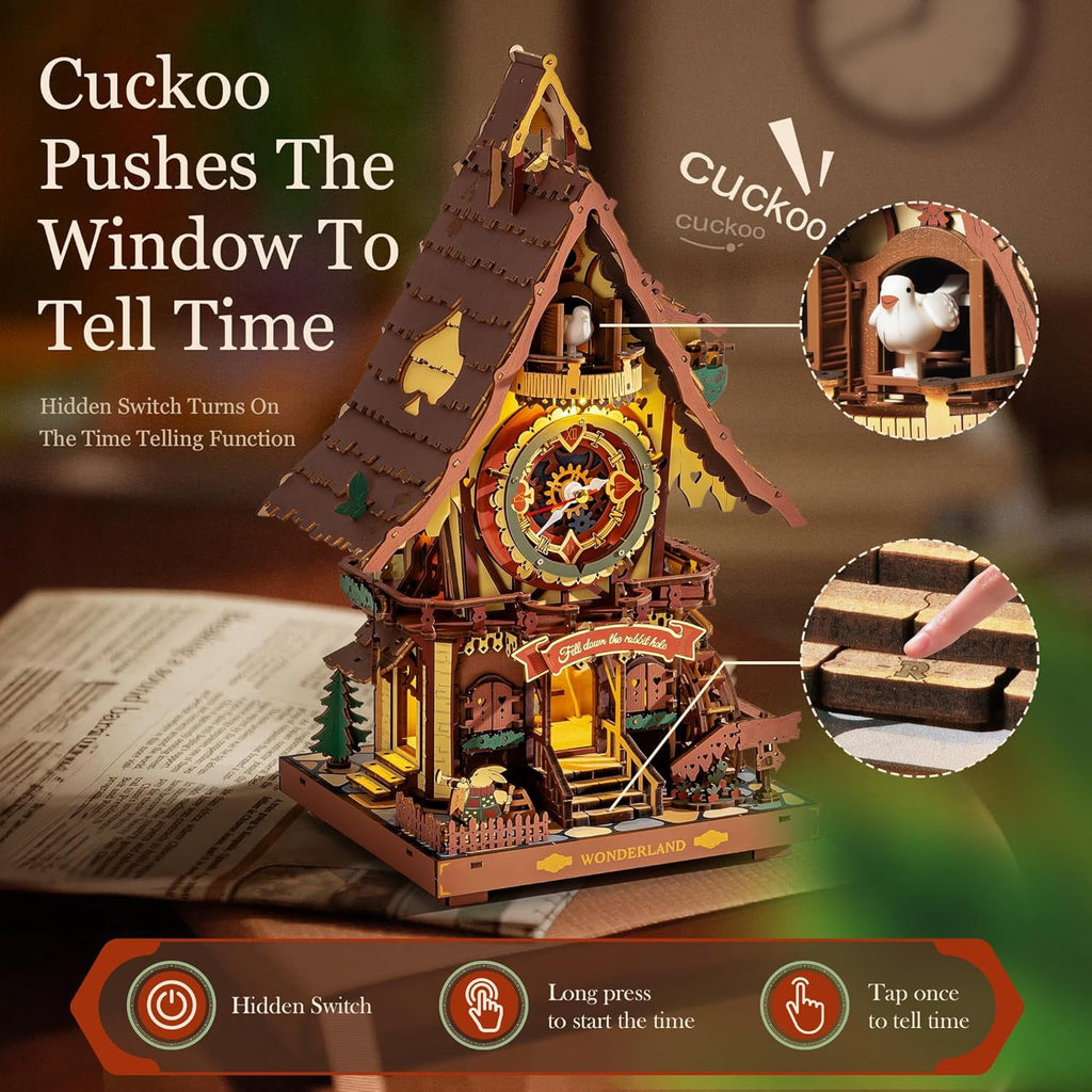 ROKR Cuckoo Clock 3D Wooden Puzzle Kit, Mechanical Clock Model with Moving Pendulum and LED Light, Colorful DIY Craft Decor Xmas Gift Toy for Adults