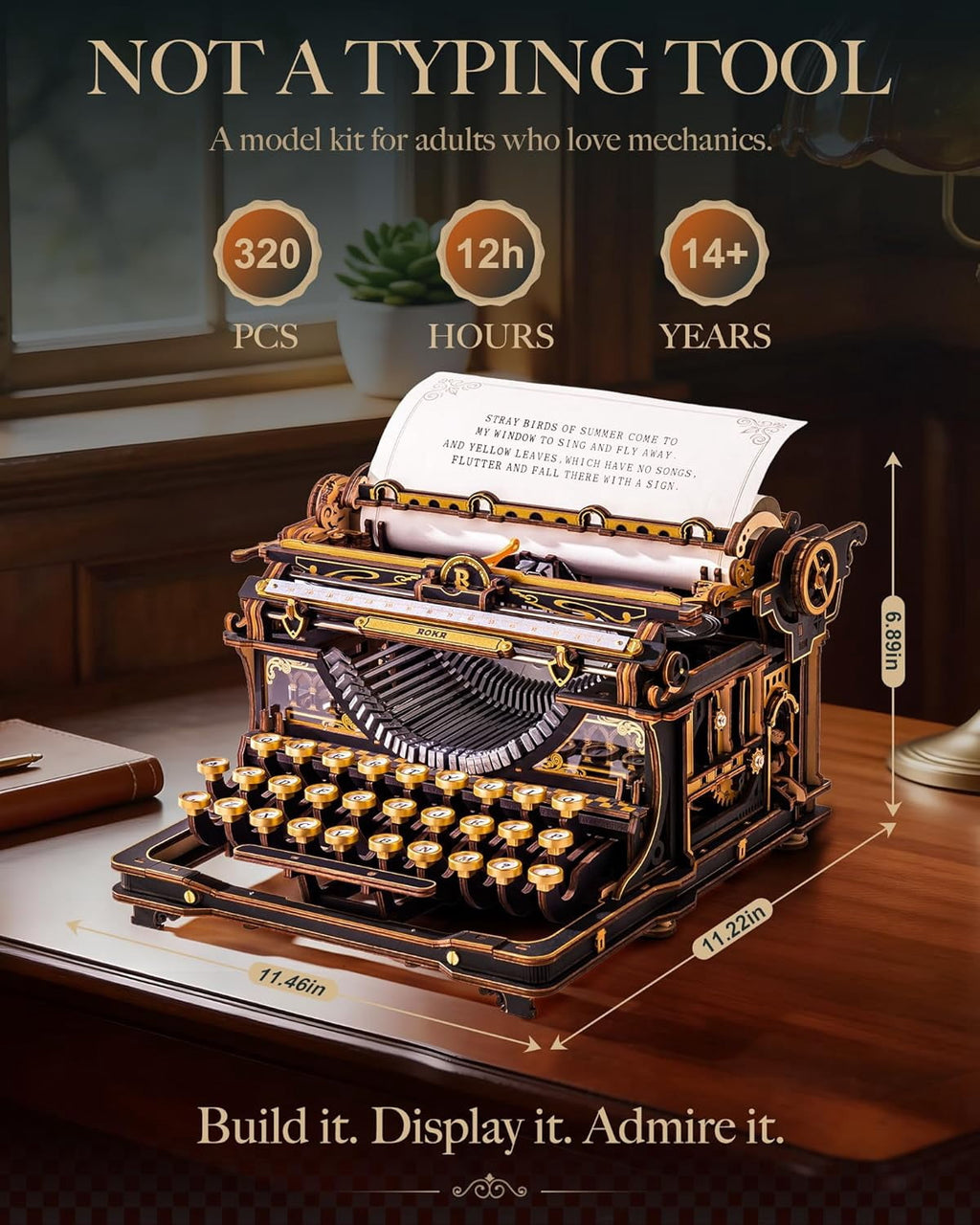 ROKR Vintage Typewriter 3D Wooden Puzzle Kit Mechanical Model with Moving Keys and Paper Roller, Retro Desktop Decor Craft for Adults