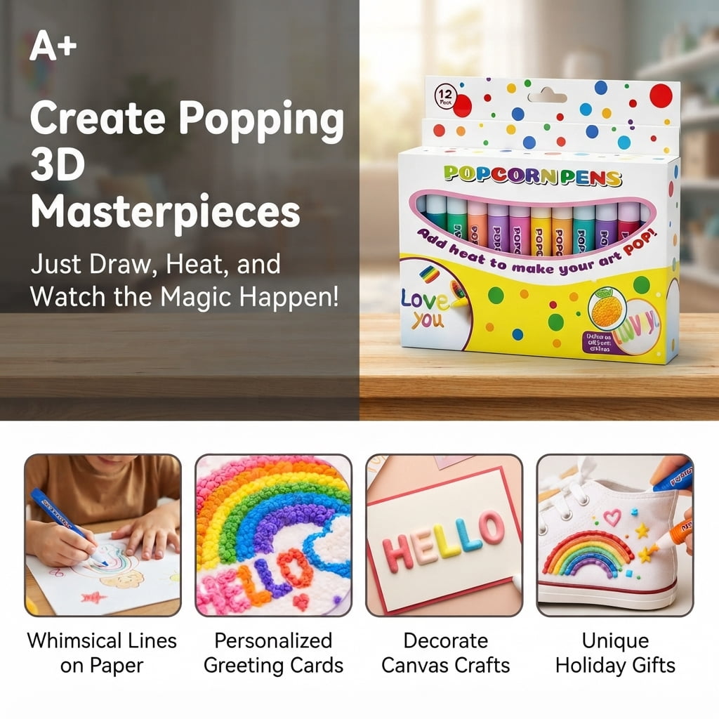"Popcorn" 3D Puffy Pens (Pack of 6/12) — DIY 3D Bubble Art Markers with Heat-Activated Puffy Ink; Perfect for Greeting Cards, Doodling, and Crafts — A Fun Gift