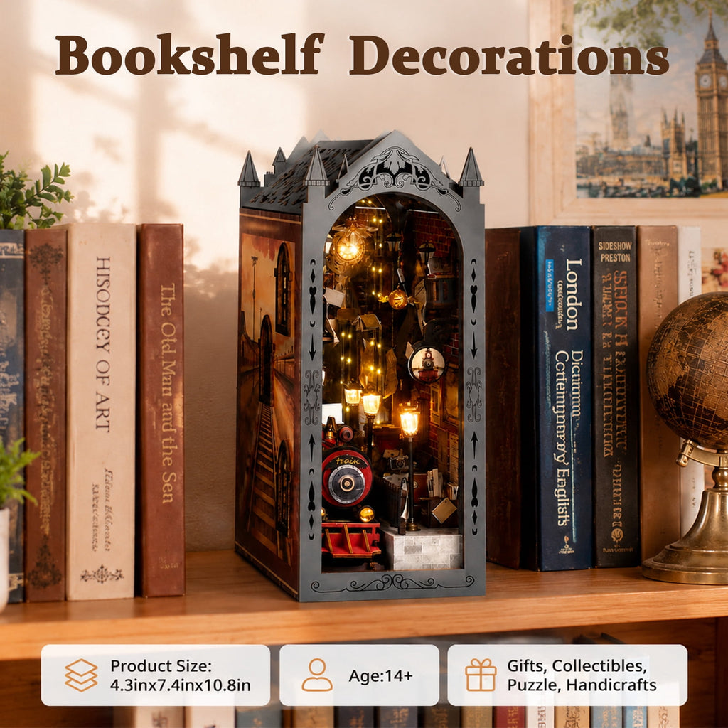 MOJINO DIY Book Nook Kit with LED Light, Train Station Miniature House Kit, 3D Wooden Puzzle Bookshelf Insert Bookend, DIY Dollhouse Book Nook Decor for Adults and Teens