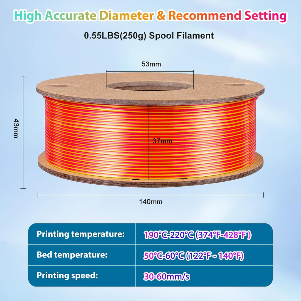 Multicolor 3D Printer Filament,Dual/Tri Color 1.75mm PLA Silk Shiny Printing Filament,250g(0.55lbs) Fit Most FDM 3D Printer